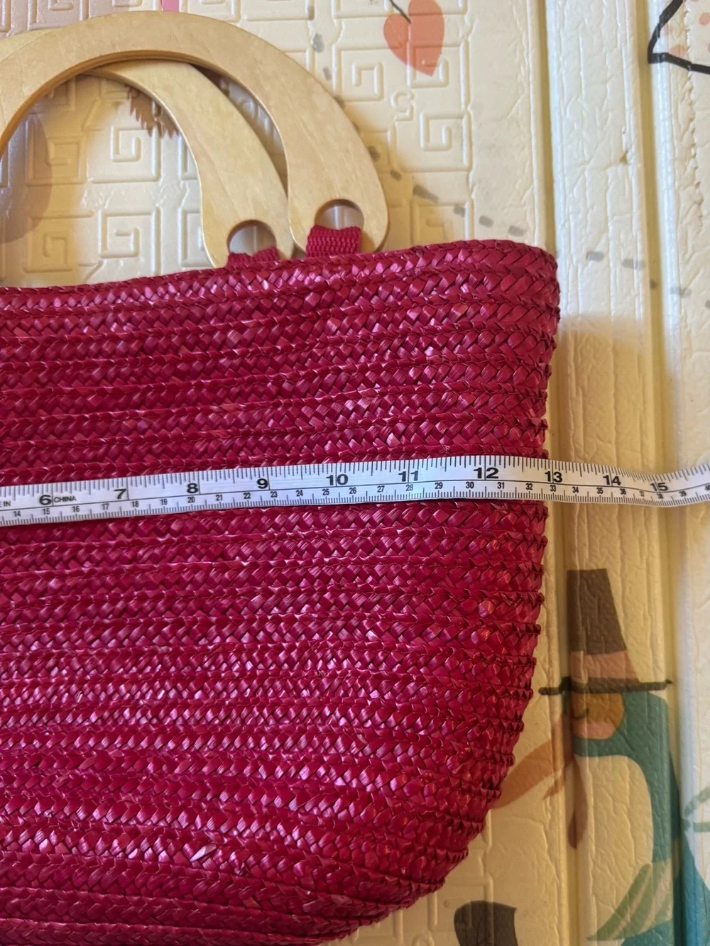 Faded glory Wood-Handle Pink Woven Tote Bag